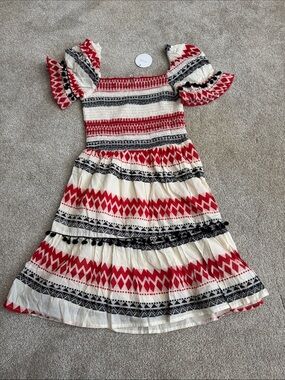 En Creme Red, Black and Cream Smocked Tiered Puff Sleeve Dress